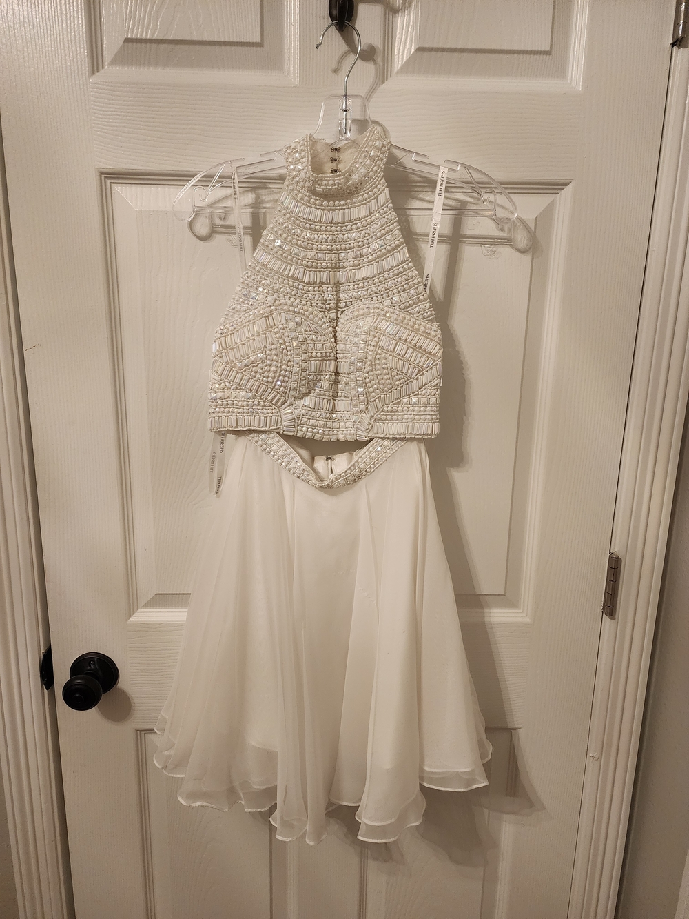 Sherri Hill White Beaded Cropped Halter With Chiffon Skirt Formal Dress